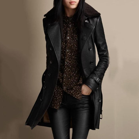 Elegant Slim-Fit Double-Breasted Faux Leather Coat