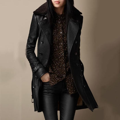 Elegant Slim-Fit Double-Breasted Faux Leather Coat